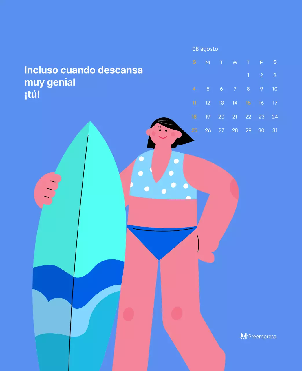 Calendario motivacional con ilustraciones llenas de energía y citas positivas sobre fondo azul claro