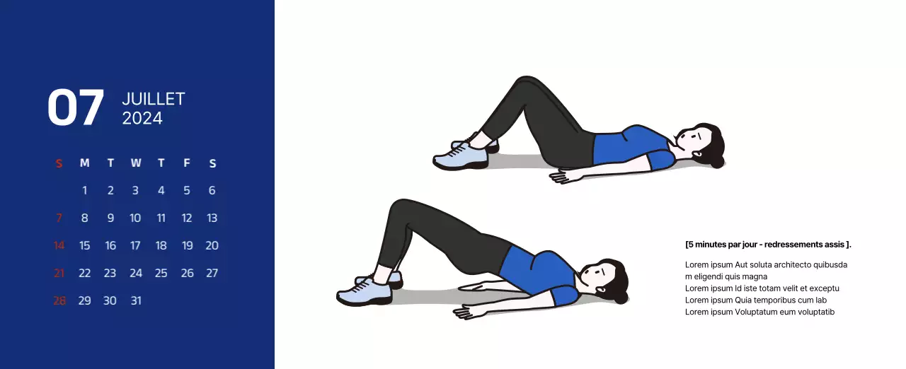 Calendrier simple avec des illustrations épurées en bleu