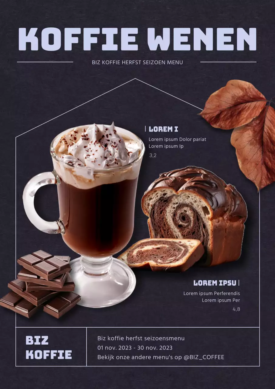 Promoot cafédrankjes met een donkere achtergrond en een herfstachtige sfeer