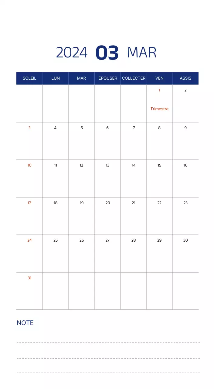 Calendrier simple avec des illustrations épurées en bleu