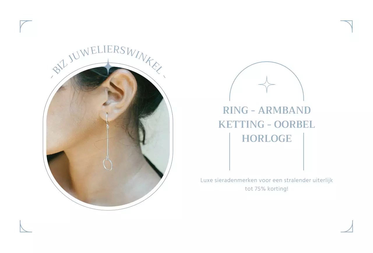 Een ansichtkaart ter promotie van de grote opening van een juwelierswinkel in lichtblauwe tinten