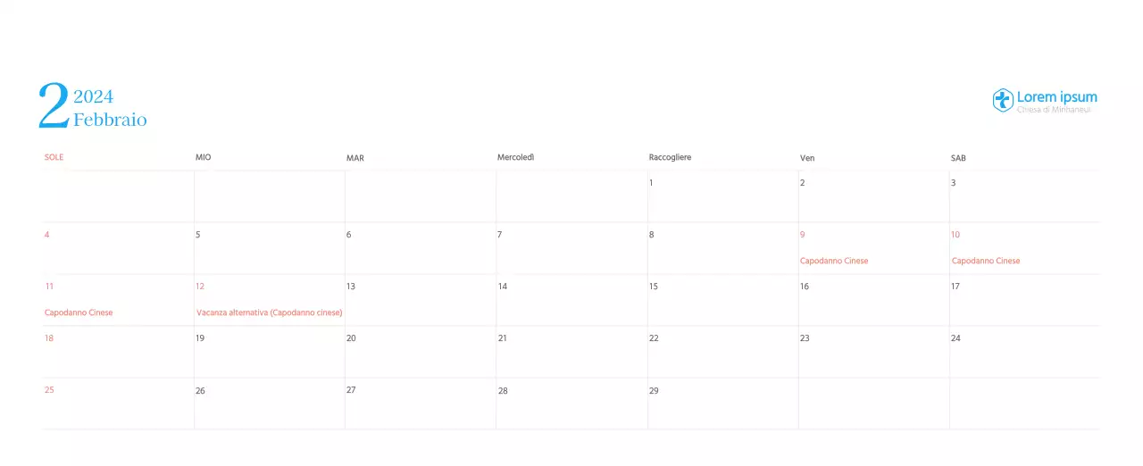 Calendario ecclesiastico blu di concezione moderna