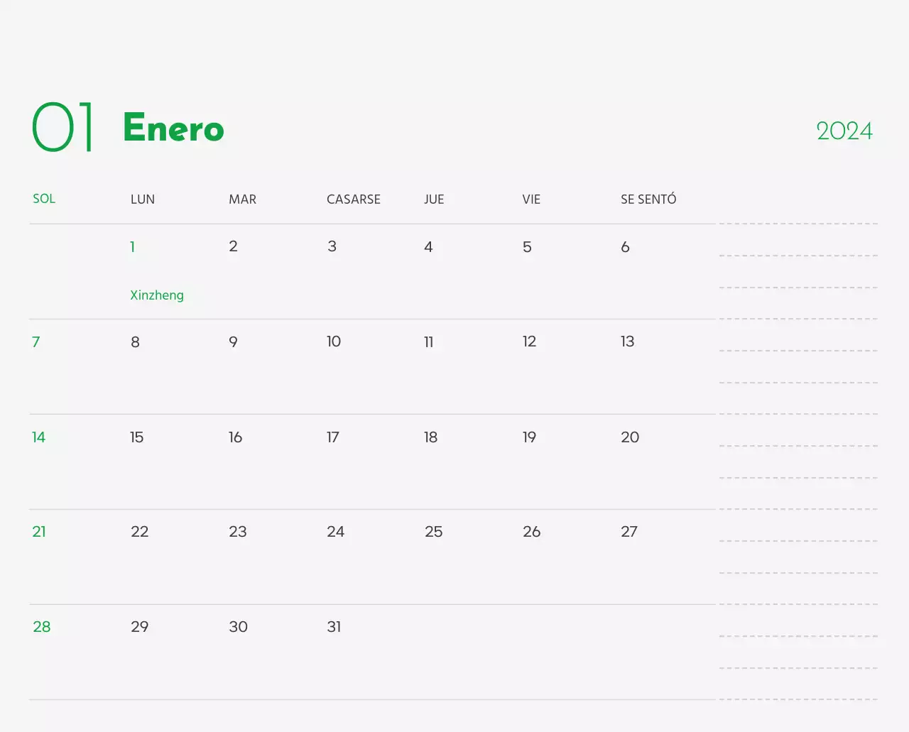 Un calendario con la imagen de un cachorro y un bonito mensaje en tonos verdes.