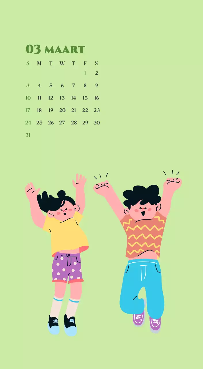 Kalender met jeugdillustraties op een gele en groene achtergrond
