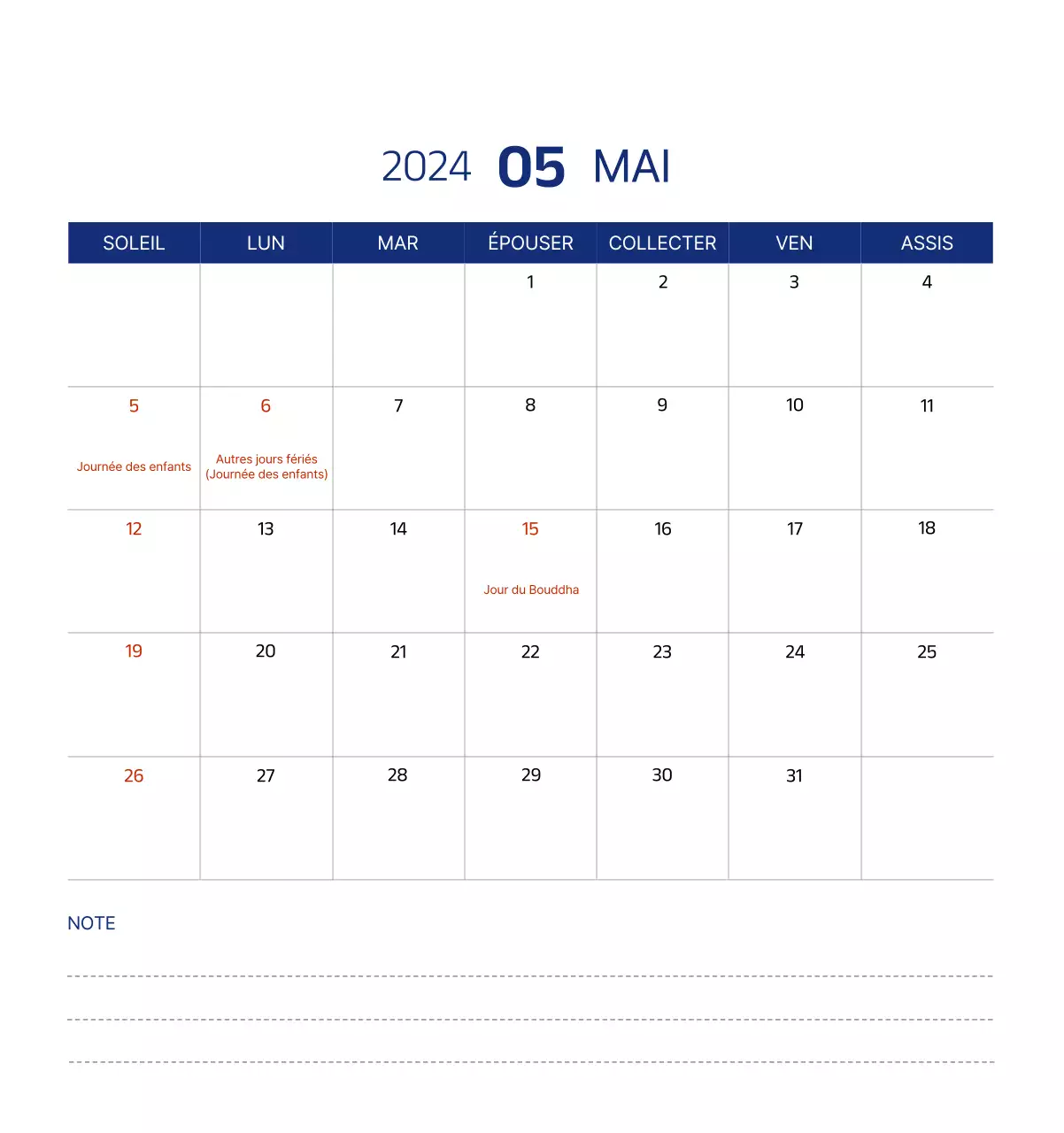 Calendrier simple avec des illustrations épurées en bleu