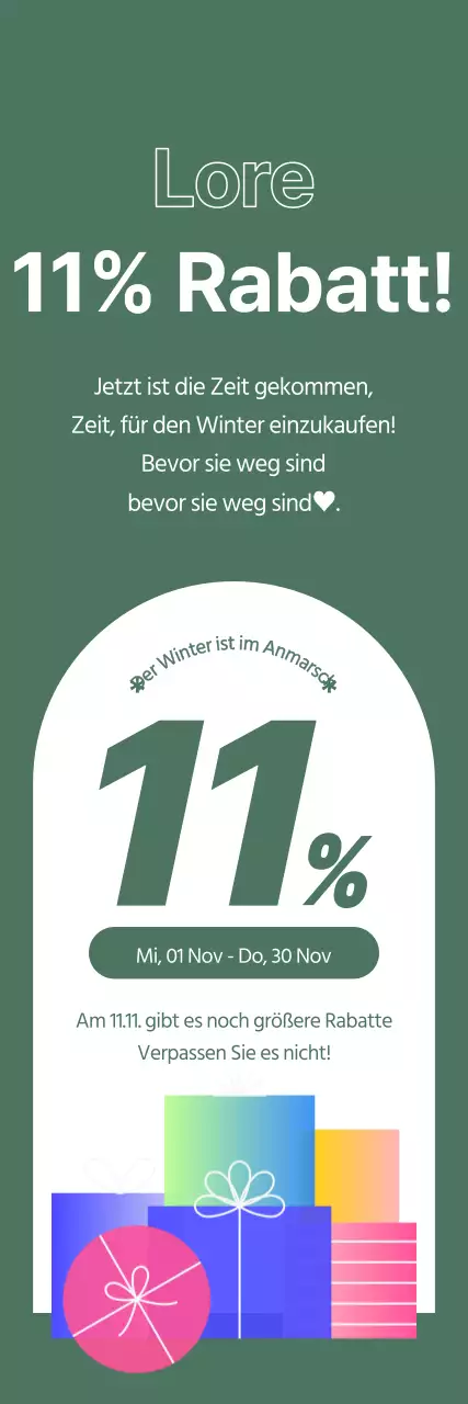 11% Rabatt Veranstaltung in weißem Kontrast auf grünem Hintergrund hervorgehoben