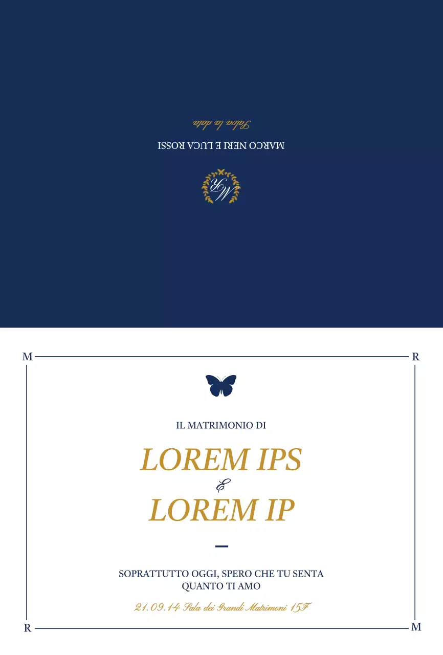 Invito di nozze dal design elegante con illustrazioni di farfalle in bianco e blu navy