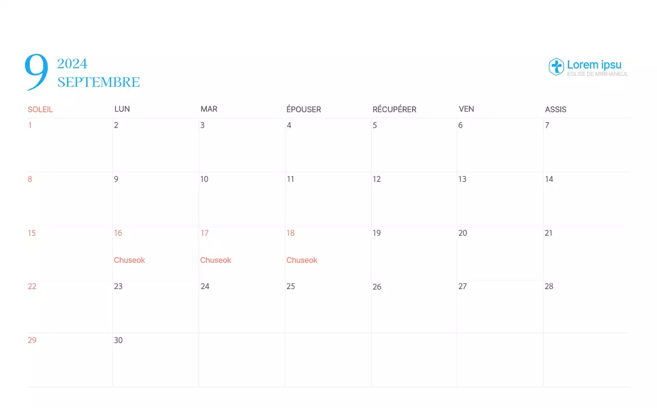 Calendrier d'église moderne bleu