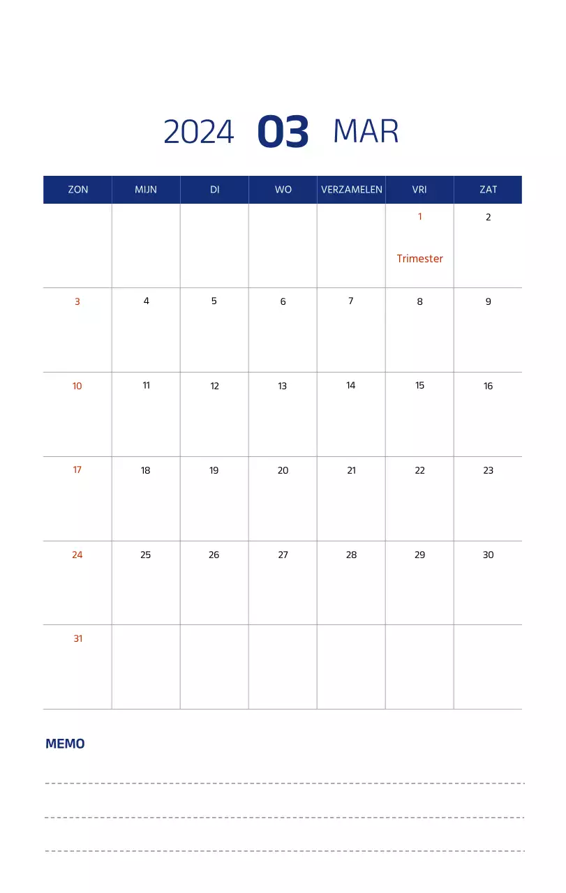 Eenvoudige kalender met strakke illustraties in blauw