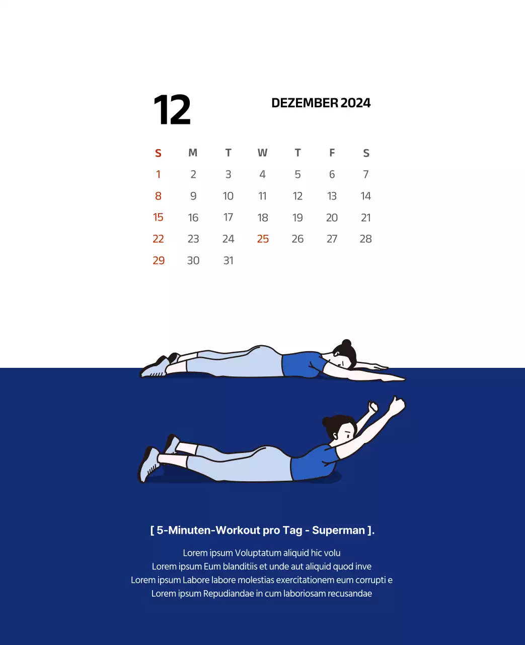 Einfacher Kalender mit klaren Illustrationen in Blau