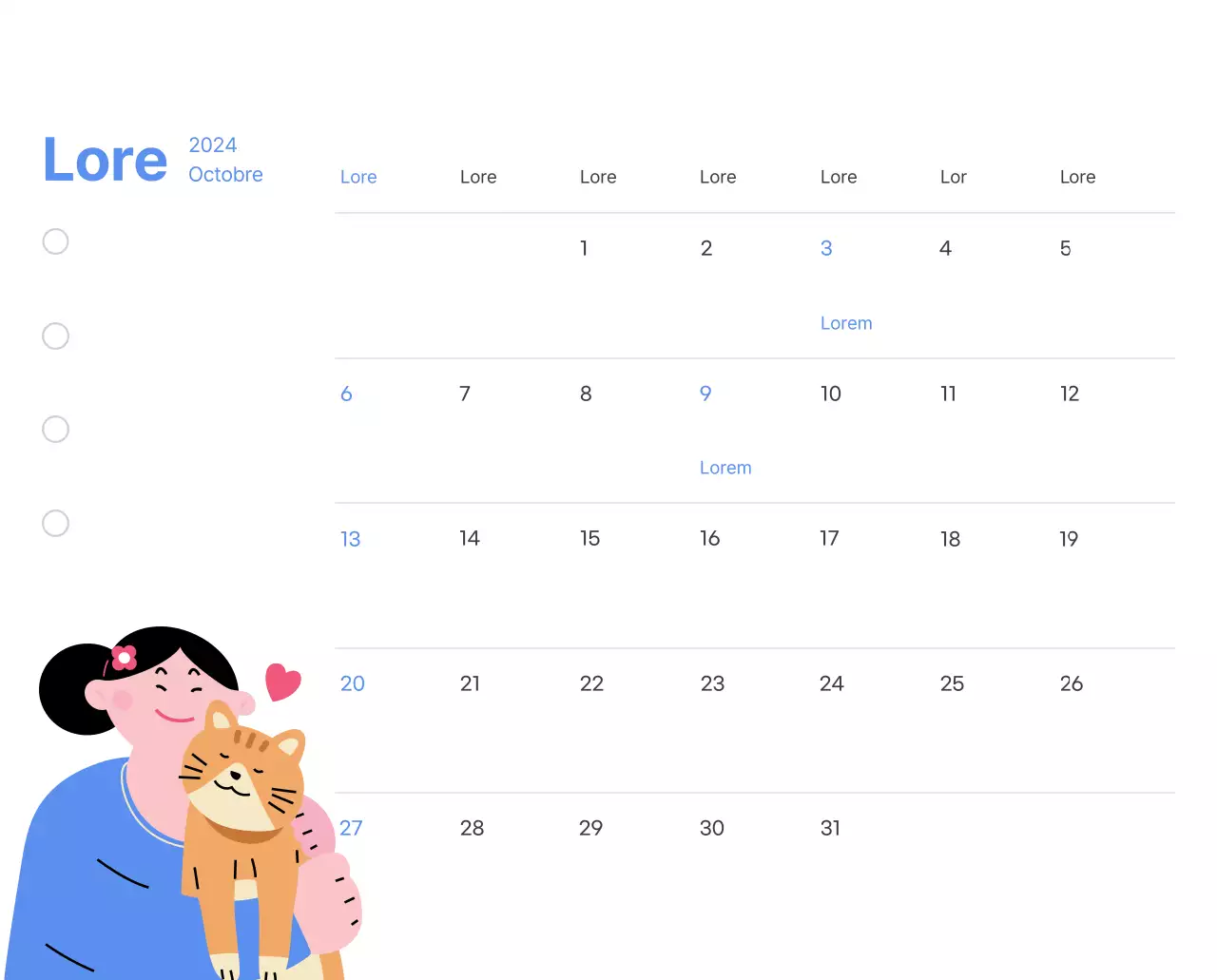 Calendrier de motivation avec des illustrations énergiques et des citations positives sur un fond bleu clair