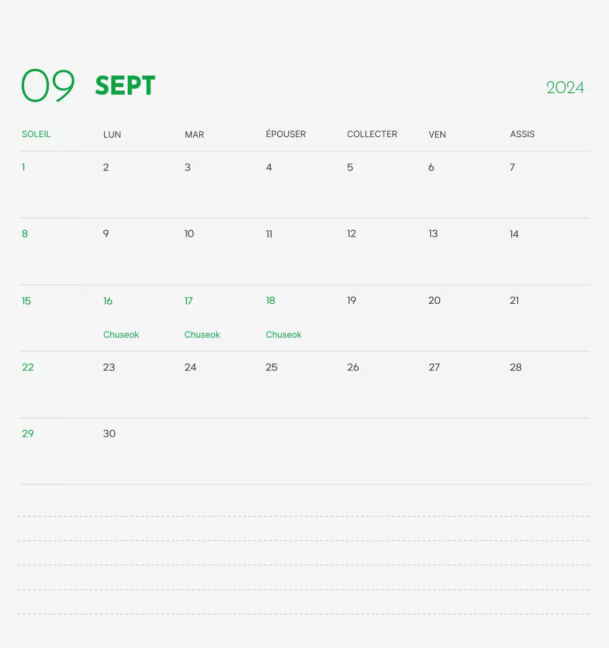 Un calendrier avec la photo d'un chiot et un message mignon aux accents verts.