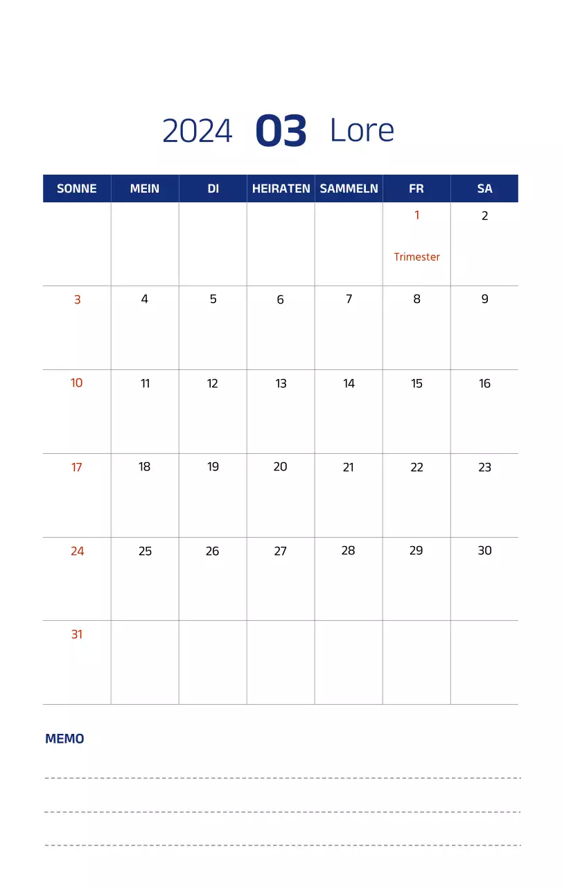 Einfacher Kalender mit klaren Illustrationen in Blau