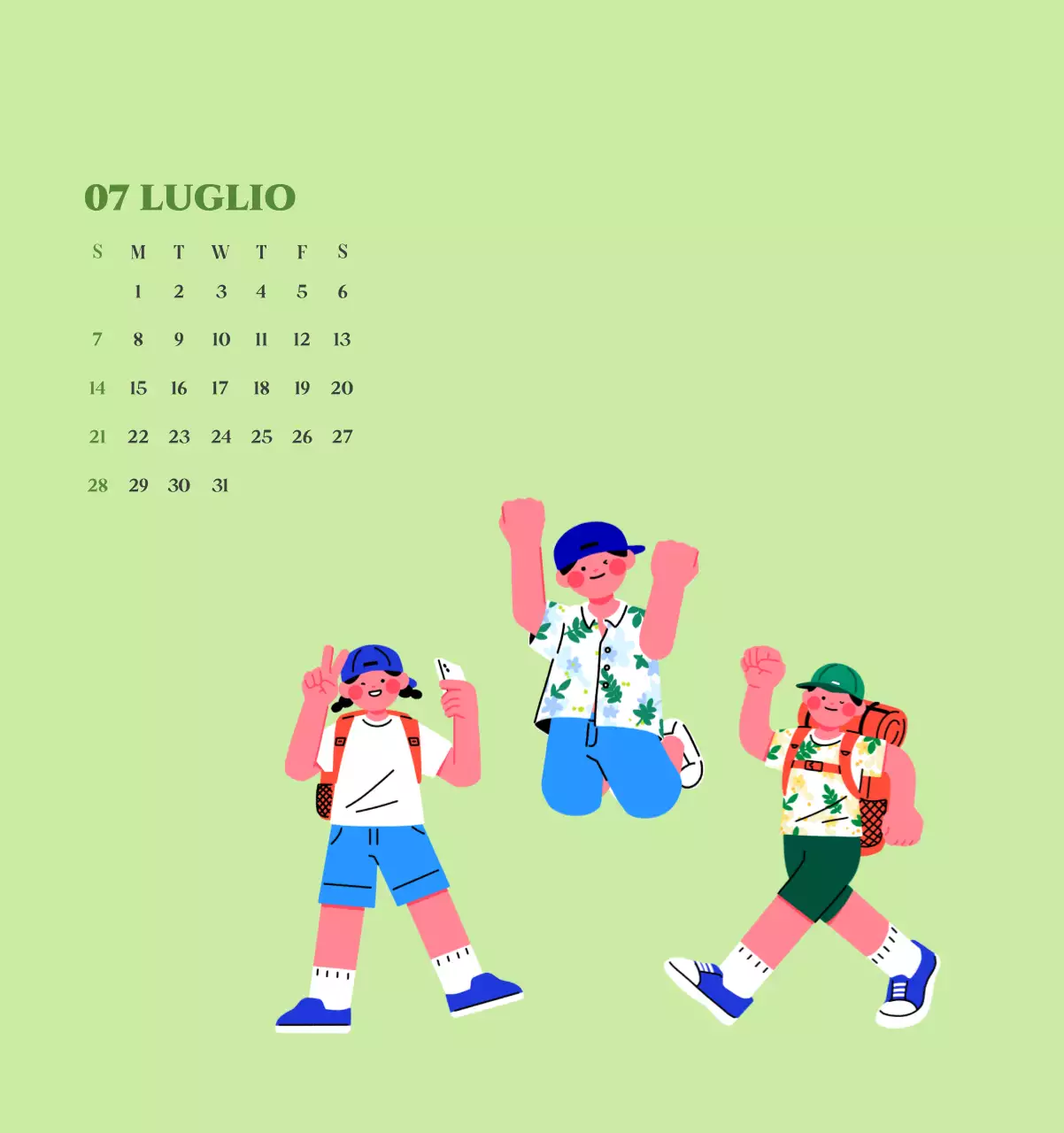 Calendario con illustrazioni giovanili su sfondo giallo e verde