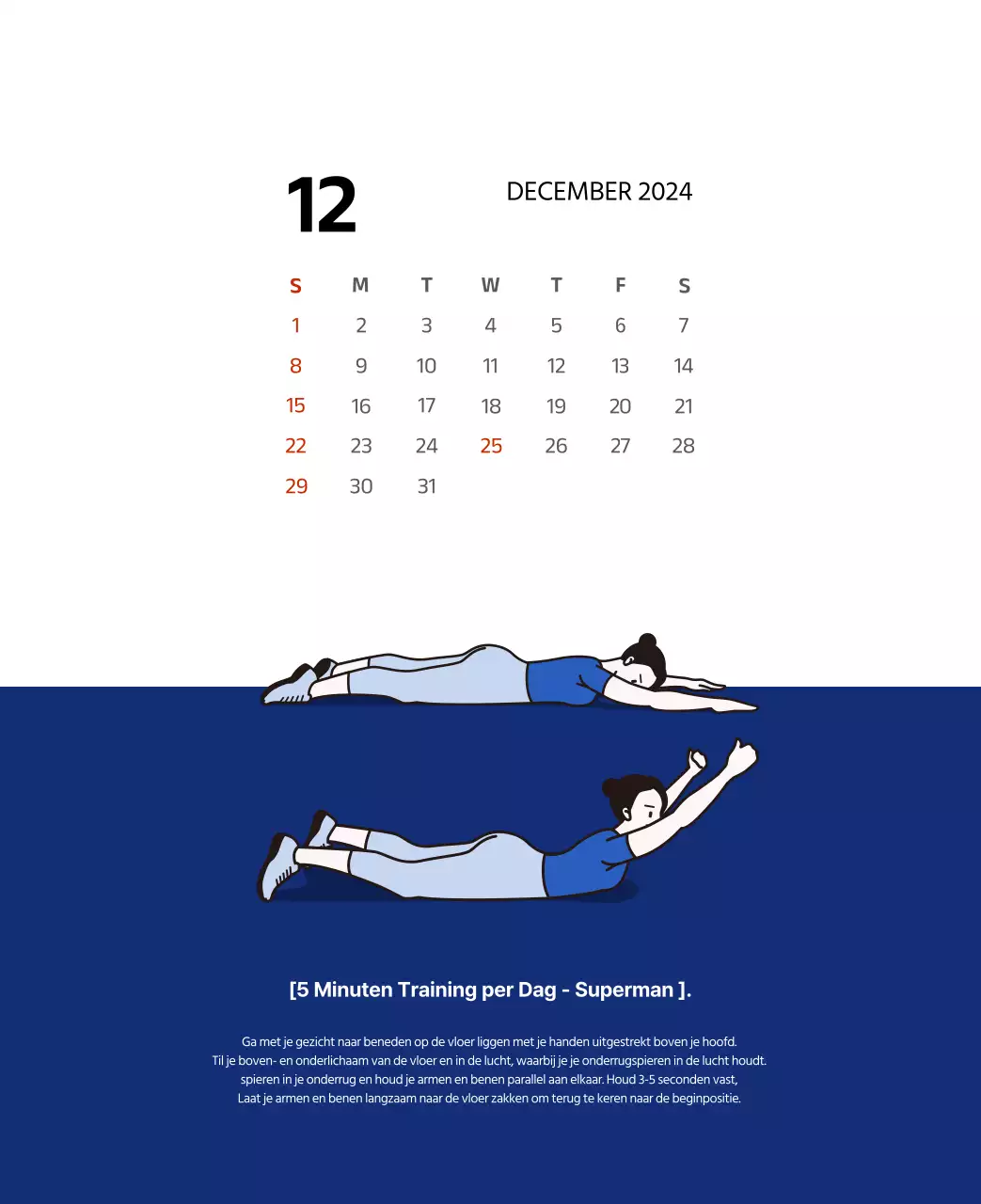 Eenvoudige kalender met strakke illustraties in blauw