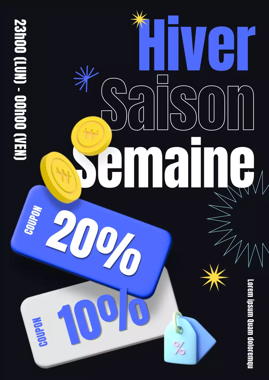 Une police de caractères élégante et tendance et des icônes de coupons en 3D pour les offres de la semaine saisonnière d'hiver.