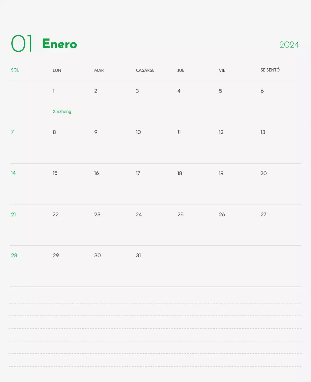 Un calendario con la imagen de un cachorro y un bonito mensaje en tonos verdes.