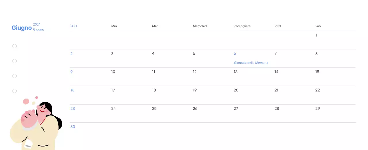 Calendario motivazionale con illustrazioni energetiche e citazioni positive su sfondo azzurro
