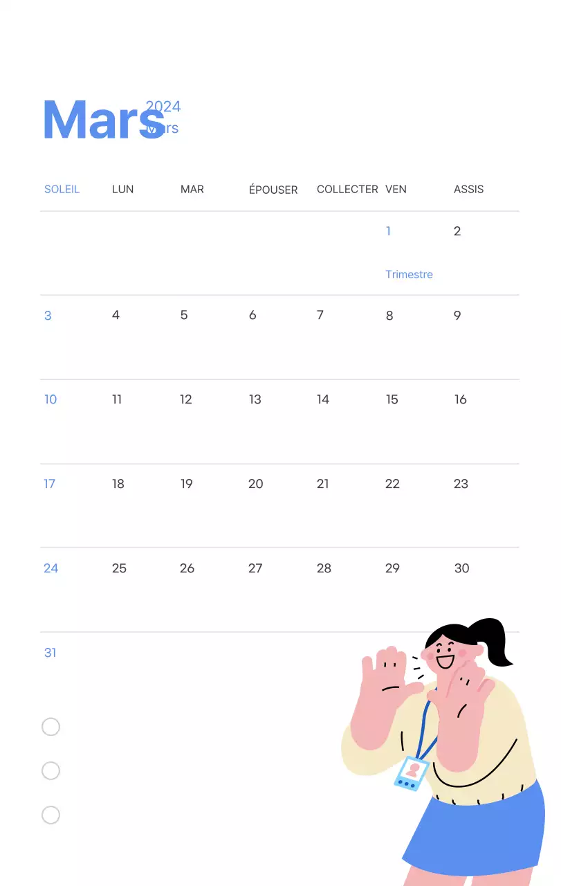 Calendrier de motivation avec des illustrations énergiques et des citations positives sur un fond bleu clair
