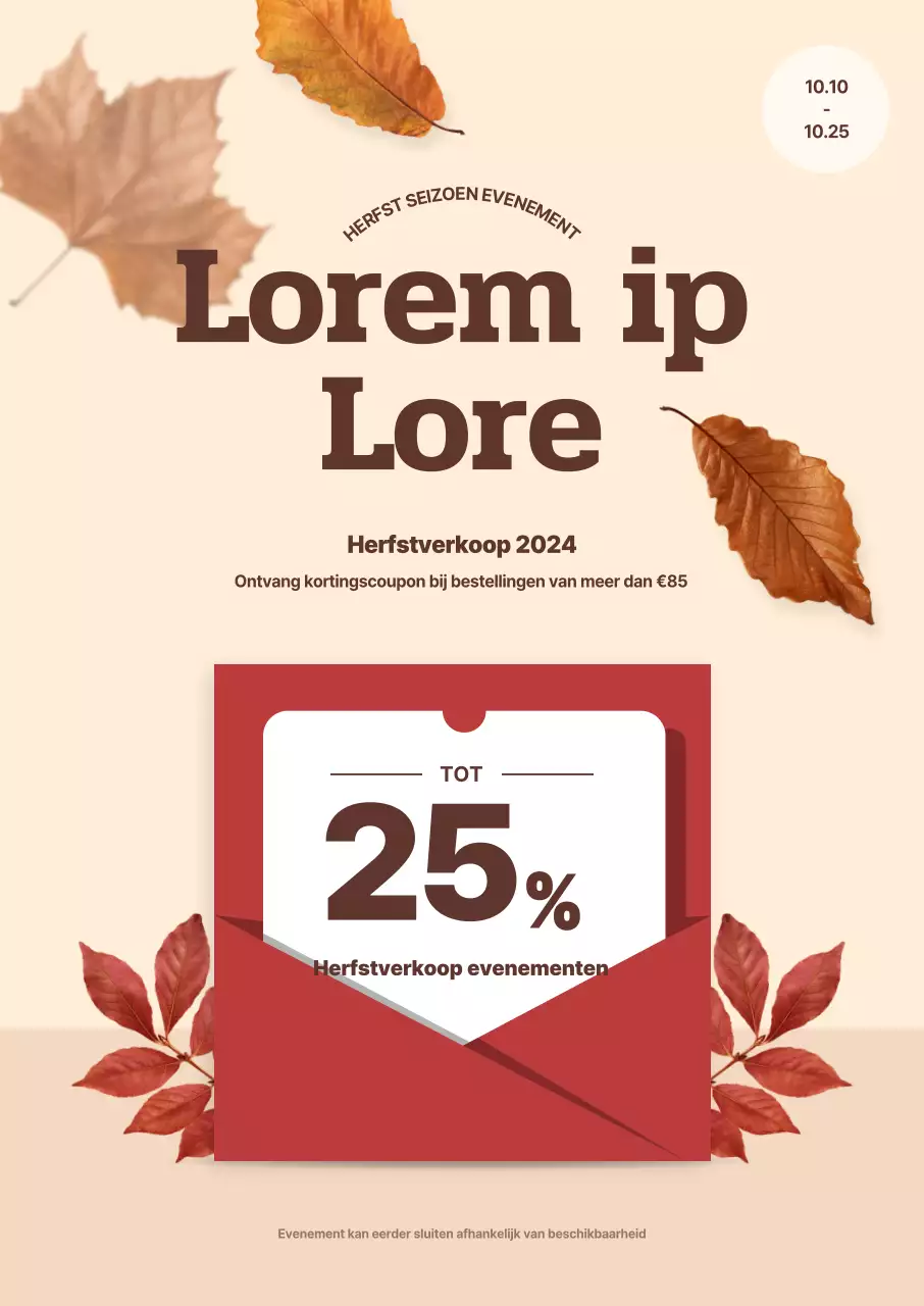 Herfstverkoop evenement met vallende bladeren op een beige achtergrond