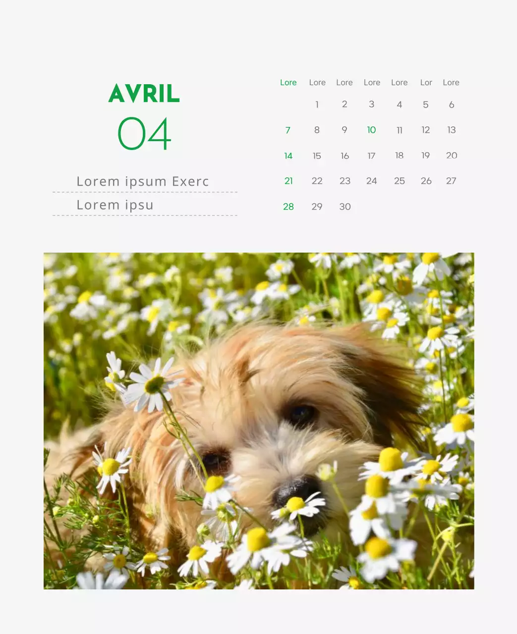 Un calendrier avec la photo d'un chiot et un message mignon aux accents verts.
