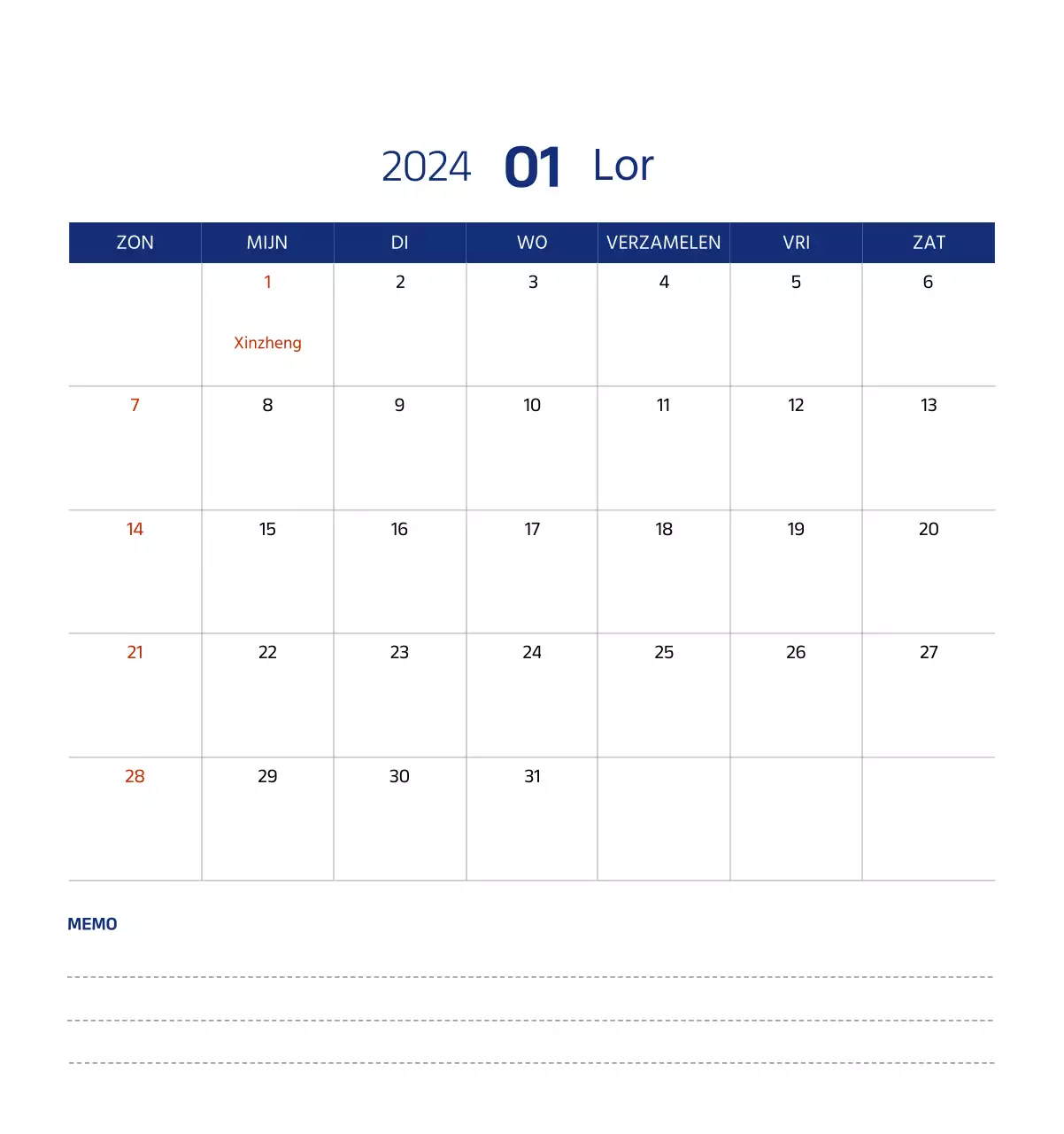 Eenvoudige kalender met strakke illustraties in blauw