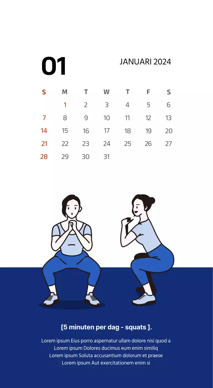 Eenvoudige kalender met strakke illustraties in blauw