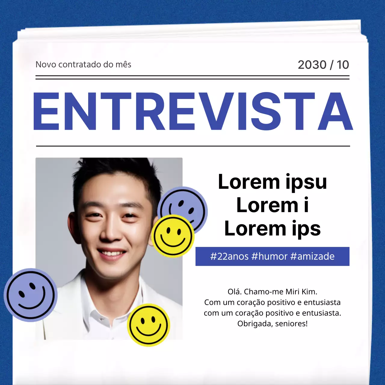 Um aviso de entrevista simples, branco e azul, para novos contratados