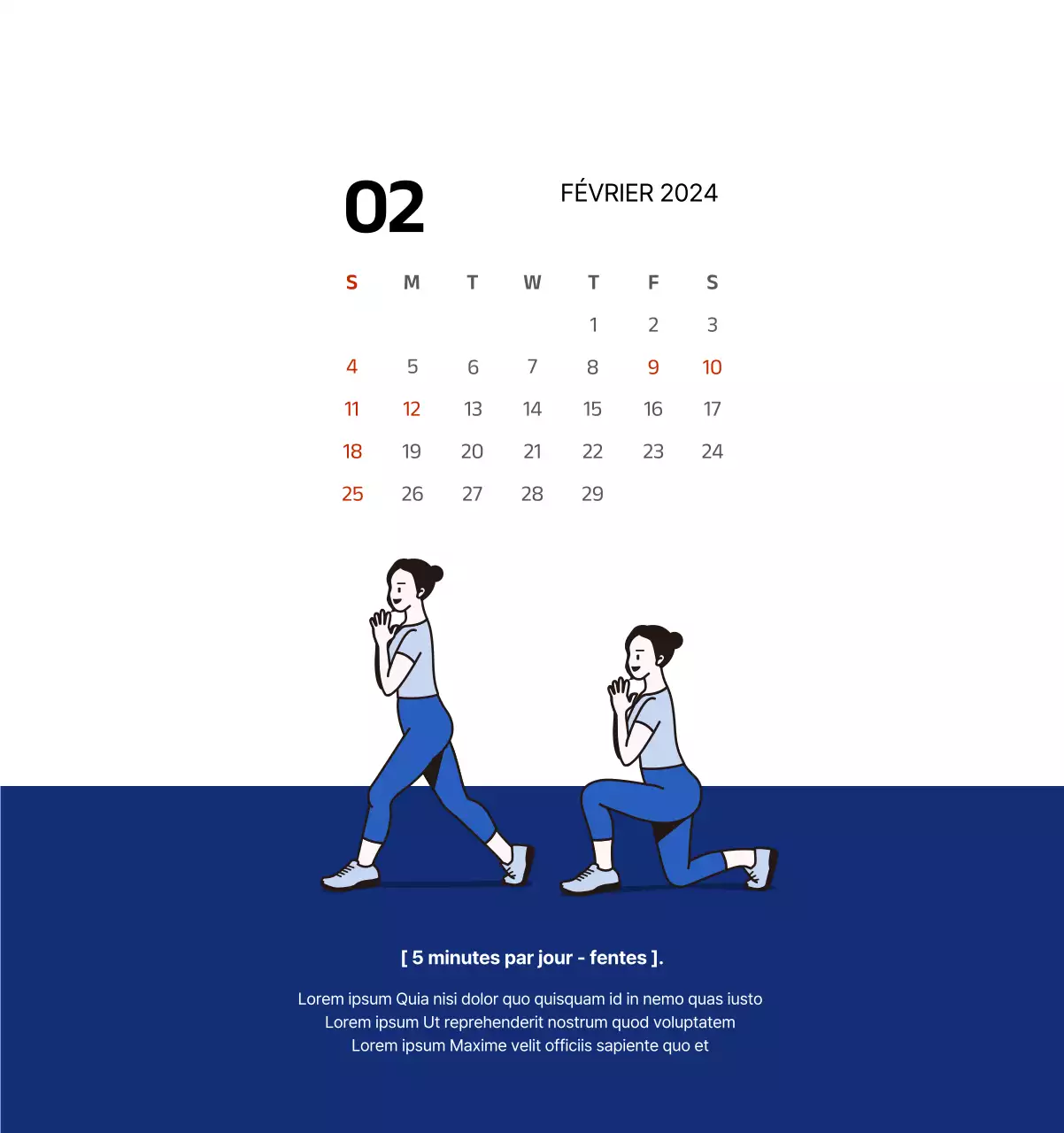 Calendrier simple avec des illustrations épurées en bleu