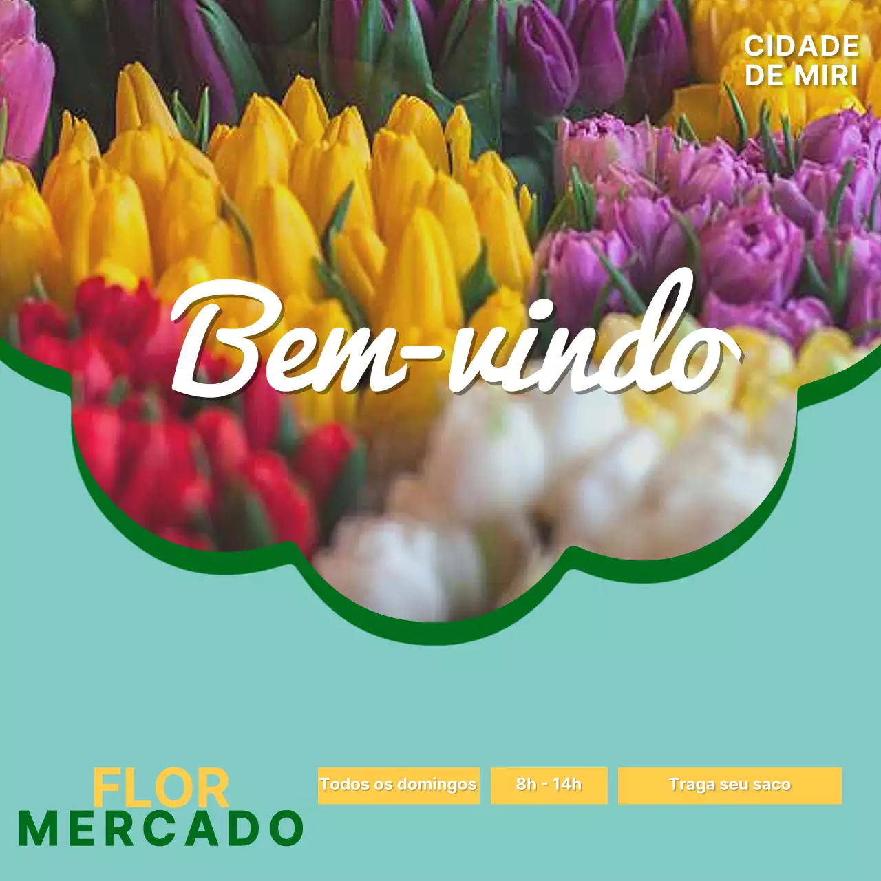 Promover um mercado local simples em menta e amarelo