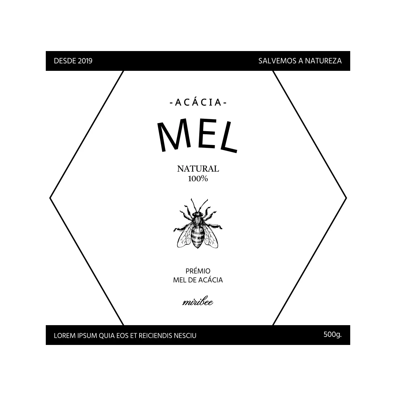 Rótulo de mel simples e vintage com ilustração de uma abelha a preto e branco