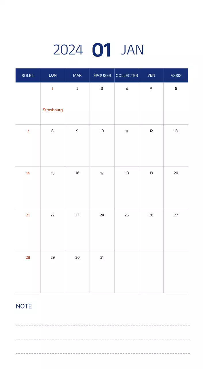 Calendrier simple avec des illustrations épurées en bleu