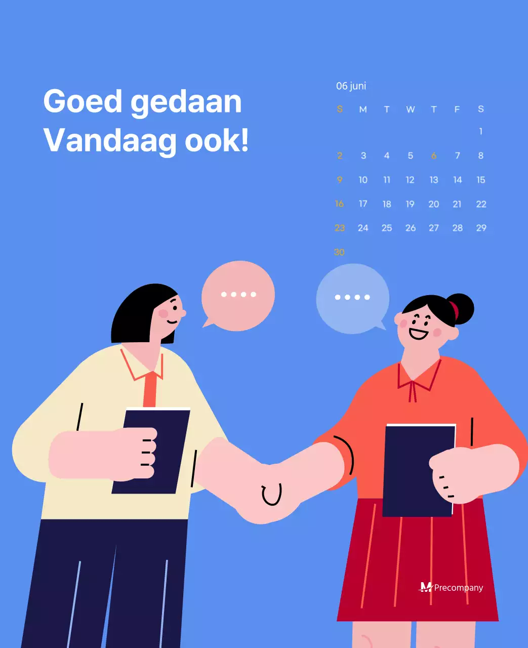 Motiverende kalender met energieke illustraties en positieve citaten op een lichtblauwe achtergrond