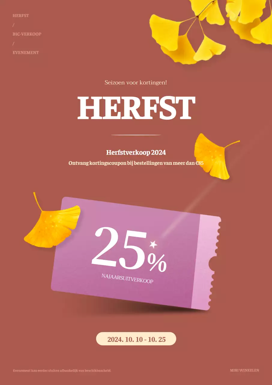 Herfstverkoop evenement met ginkgo bladeren op een lichtbruine achtergrond