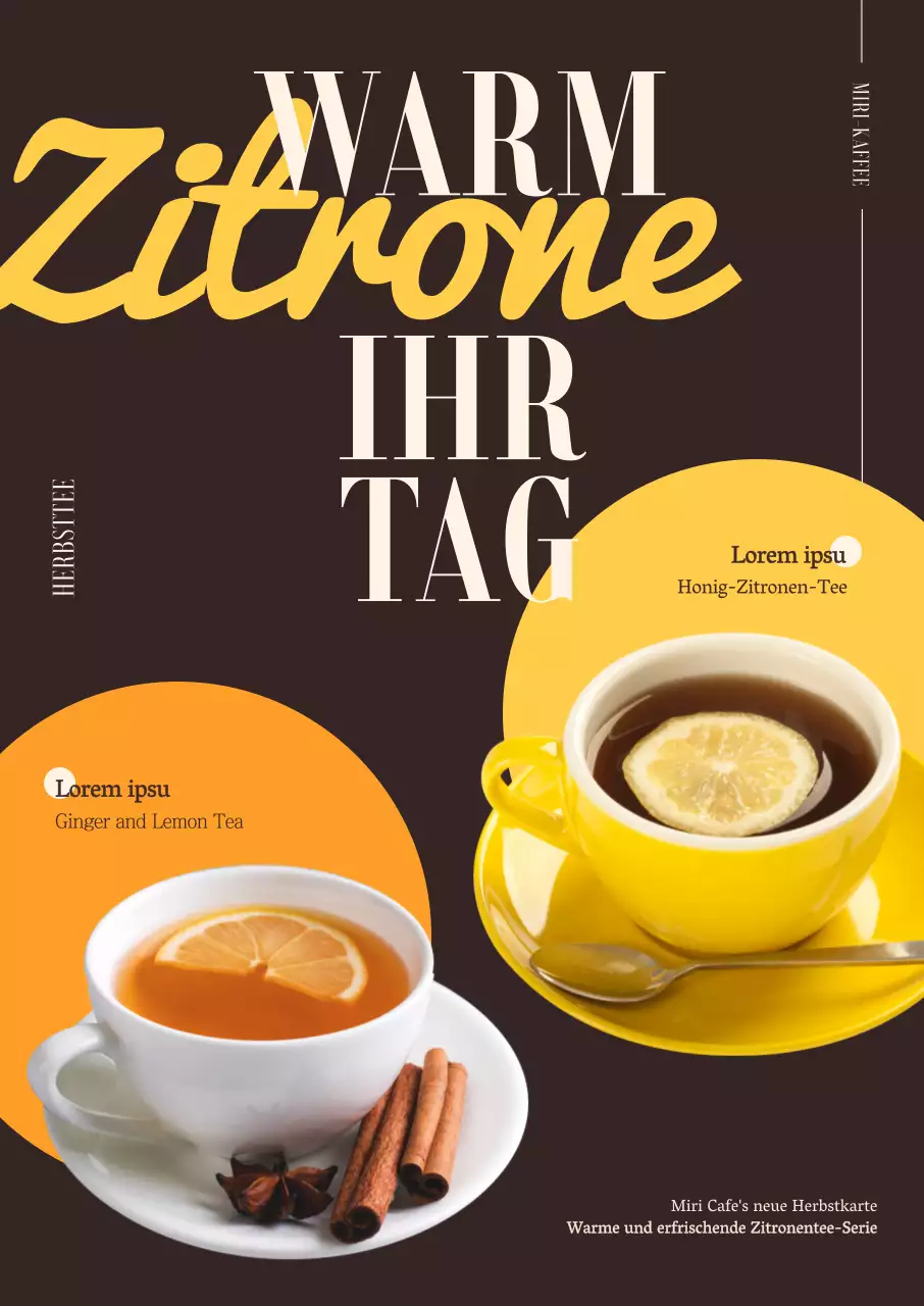 Die Speisekarte des Café Lemon Tea zeichnet sich durch ein klares geometrisches Layout mit herbstlichen Farben und einer gefühlvollen englischen Kursivschrift aus.