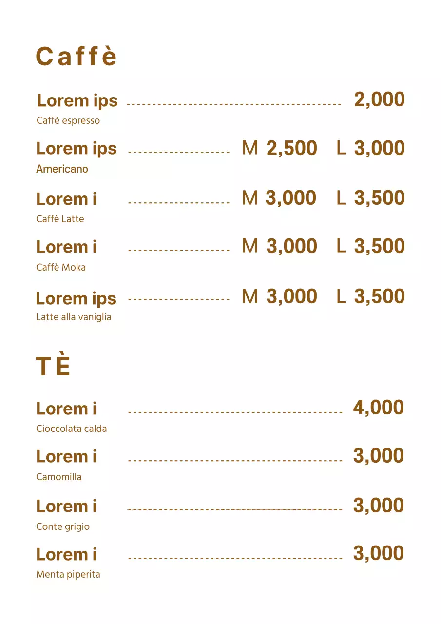 Semplice segnaletica del menu del caffè nei toni del marrone