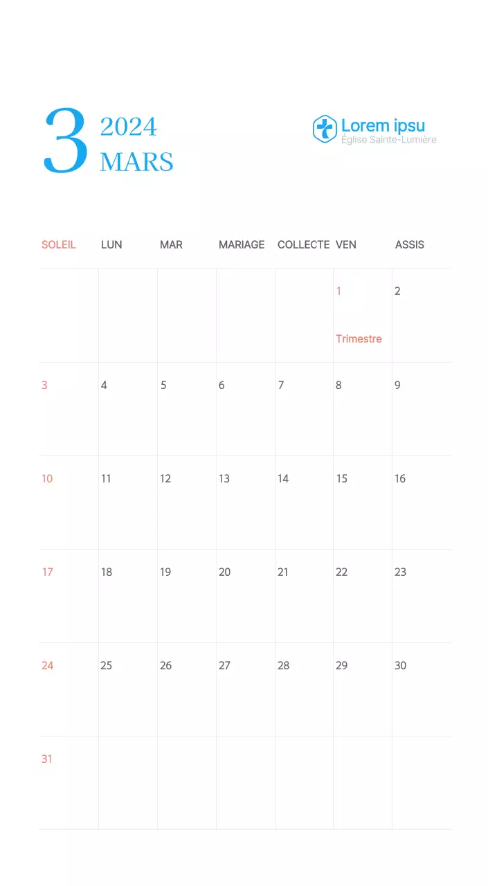 Calendrier d'église moderne bleu