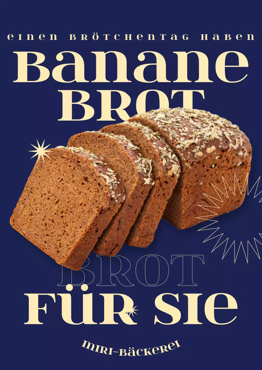 Eine Café-Bäckerei-Menükarte mit fotorealistischen Bildern von Bananenbrot und fetten Text-Layouts und geometrischen Grafiken.