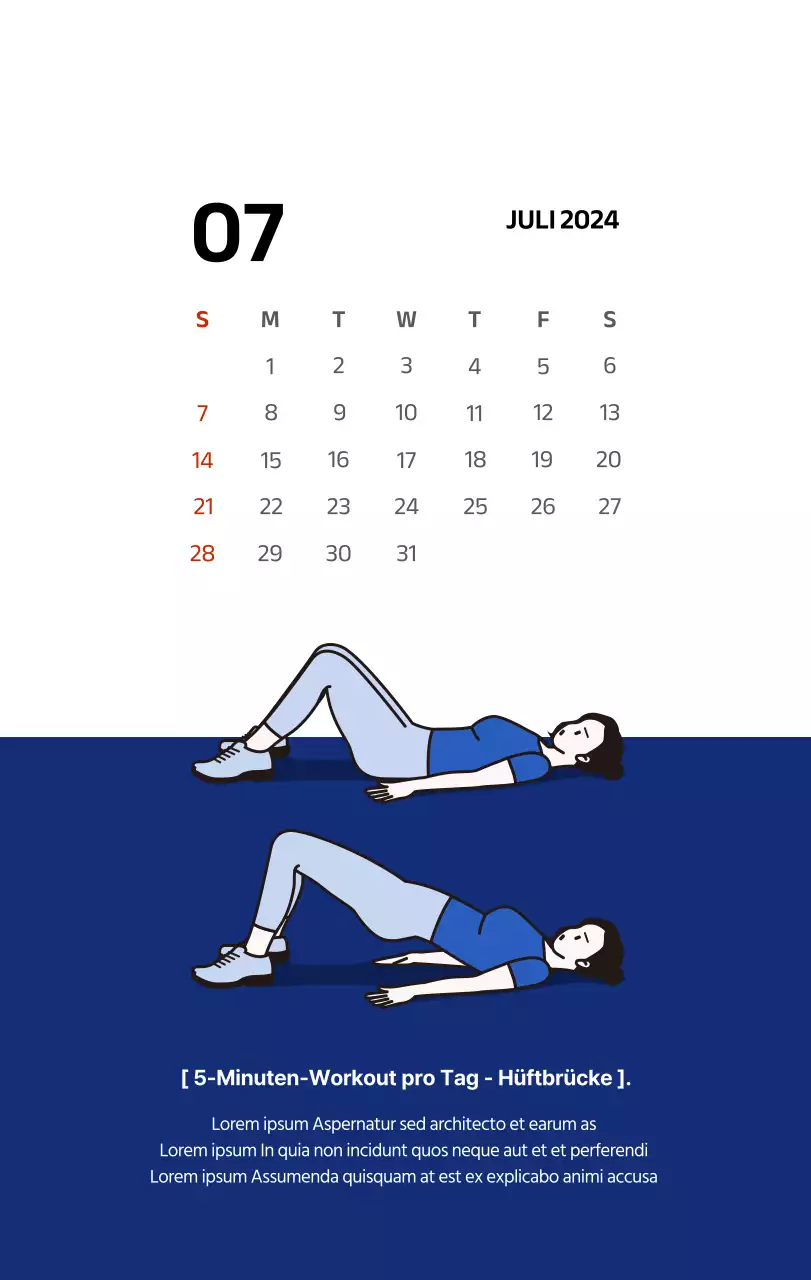 Einfacher Kalender mit klaren Illustrationen in Blau