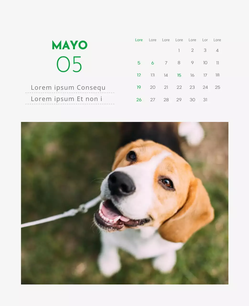Un calendario con la imagen de un cachorro y un bonito mensaje en tonos verdes.