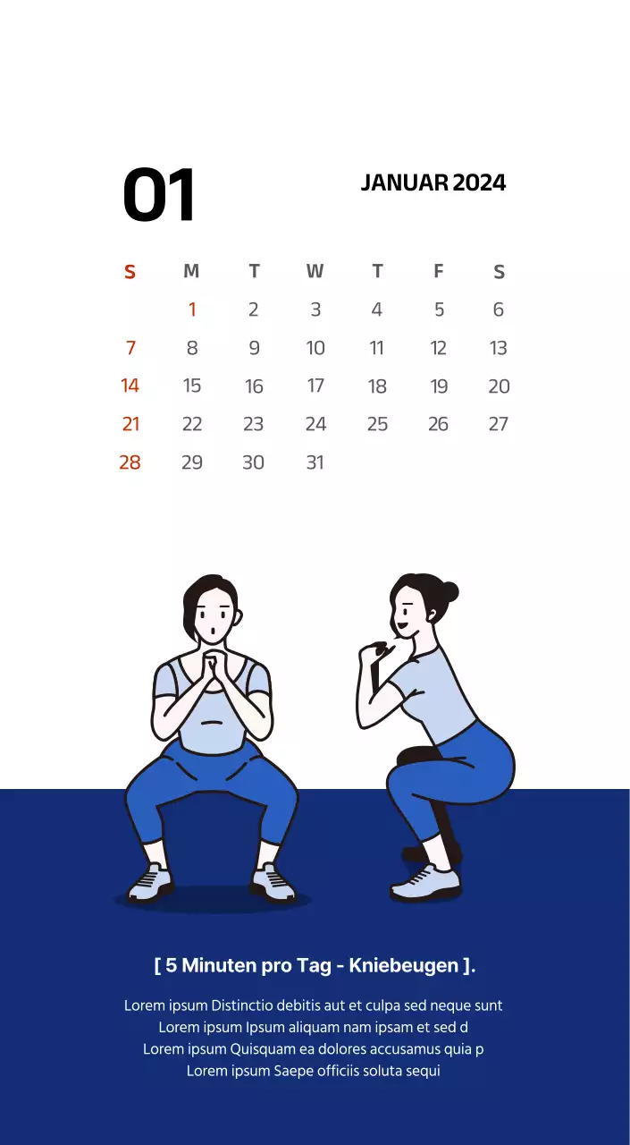 Einfacher Kalender mit klaren Illustrationen in Blau