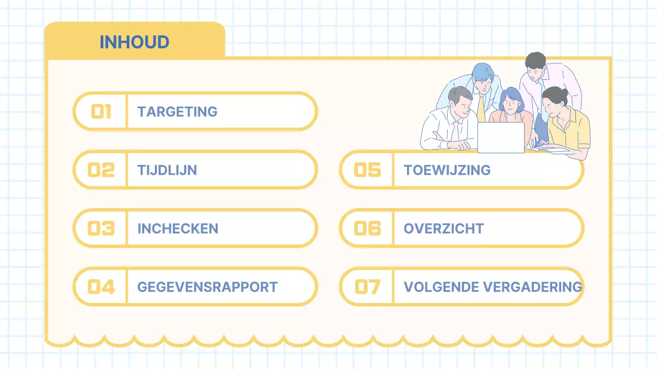 Verslag van de moderne marketingvergadering in lichtblauw en geel