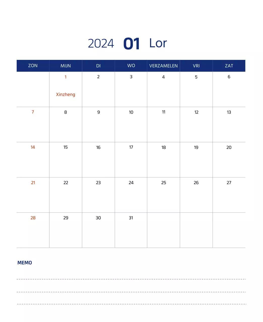 Eenvoudige kalender met strakke illustraties in blauw
