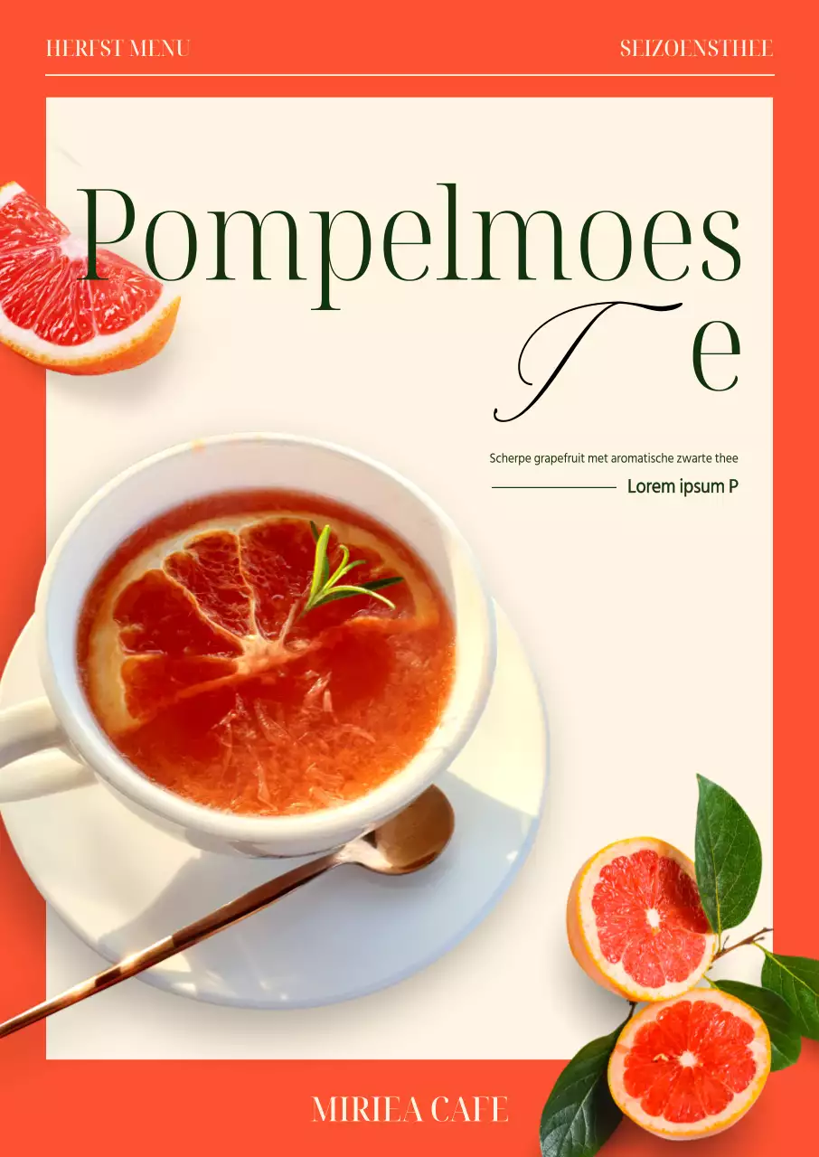 Cafe TEA menu met een emotionele, strakke lay-out, oranje accentkleur en live-action grapefruit afbeelding