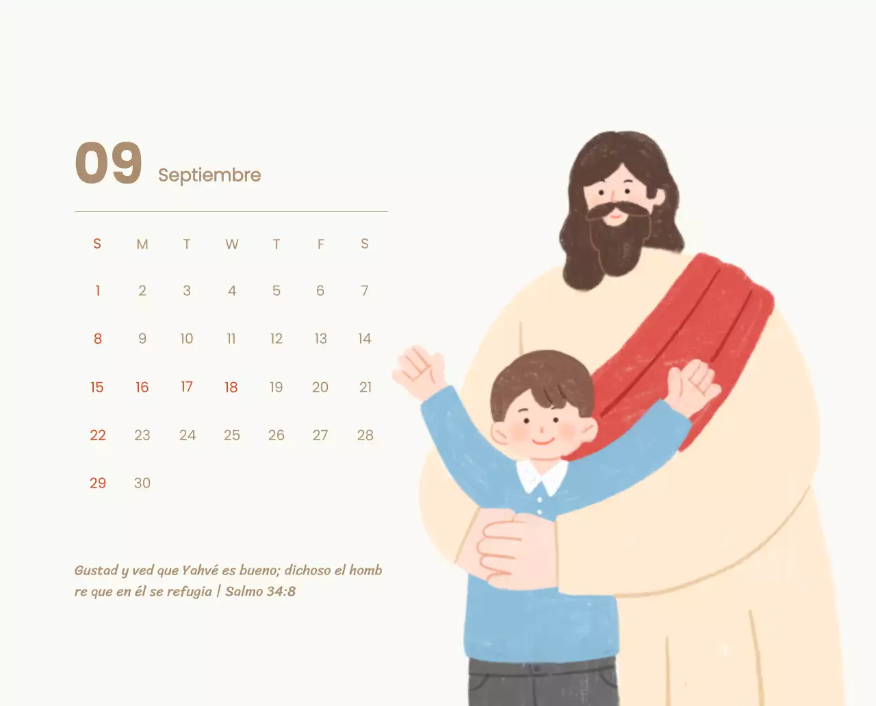 Un calendario devocional con acogedoras ilustraciones y versículos bíblicos sobre fondo azul claro