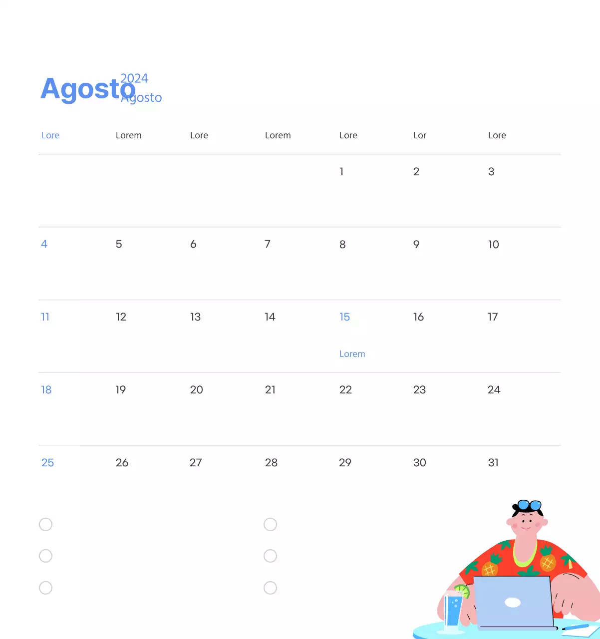 Calendario motivazionale con illustrazioni energetiche e citazioni positive su sfondo azzurro