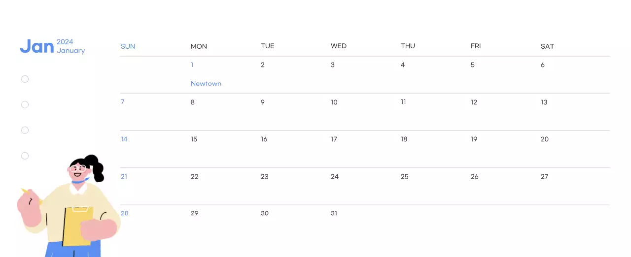 Motivational calendar with energetic illustrations and positive quotes on a light blue background