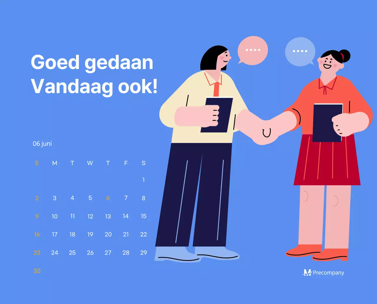 Motiverende kalender met energieke illustraties en positieve citaten op een lichtblauwe achtergrond