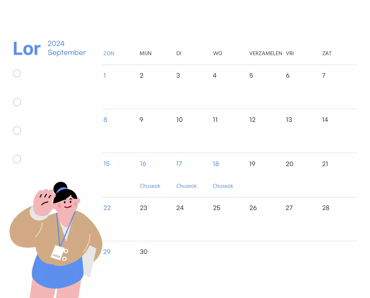 Motiverende kalender met energieke illustraties en positieve citaten op een lichtblauwe achtergrond