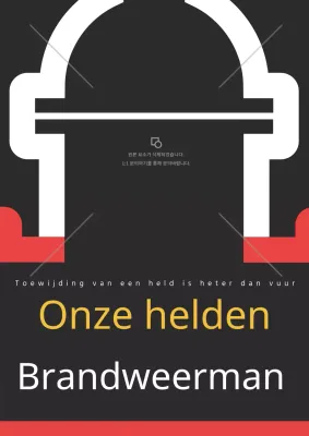 Promoot een eenvoudige brandweermanillustratie in geel en rood op een zwarte achtergrond